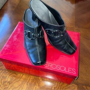 Aerosoles High Heeled Cinch Worm Mules, Black, w buckle design, 6M